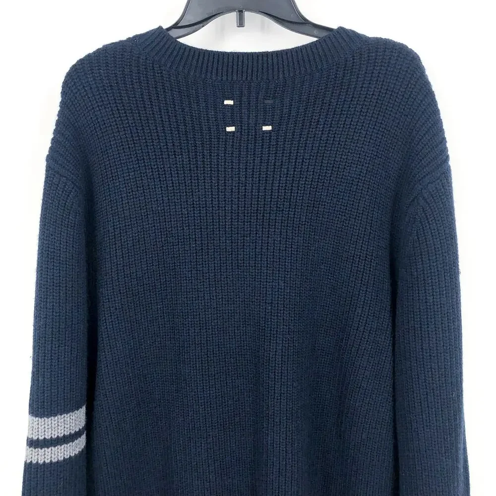 LABEL Men's Go-To Sweater Large Navy Blue Light Grey Crewneck Merino Wool NWT